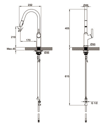 Clearwater Karuma J Spout Pull Out With Twin Spray Kitchen Brushed Brass PVD - KAR20BB