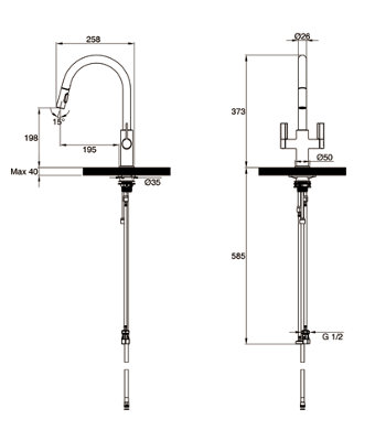 Clearwater Kira C Spout Pull Out With Twin Spray Kitchen Brushed Brass - KIR30BB