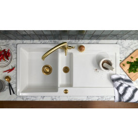 Clearwater Melody Ceramic White Kitchen Sink 1.5 Bowl & Drainer - Reversible - MEL1020WH+WP15AB