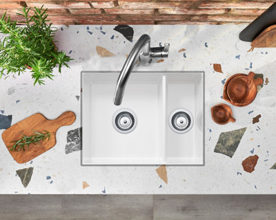 Clearwater Metro Ceramic White Kitchen Sink 1.5 Bowl Undermount/ Inset - MET1020 + Waste Kit
