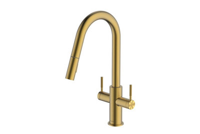 Clearwater Topaz J Spout Pull Out With Twin Spray Kitchen Brushed Brass - TOP30BB