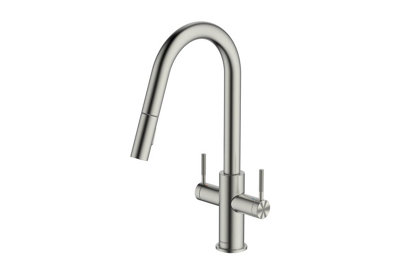 Clearwater Topaz J Spout Pull Out With Twin Spray Kitchen Brushed Nickel - TOP30BN