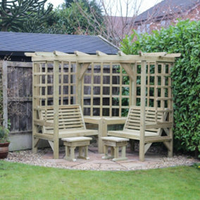 Clementine Corner Garden Arbour - 4 Seat, Timber Pergola - 2 Bench & Coffee Table - L150 x W290 x H205 cm - Min. Assembly Required