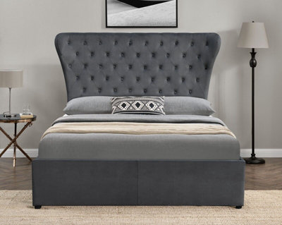 Cleo Plush Velvet Dark Grey Butterfly WingBack Ottoman Storage Bed Fabric  King Size