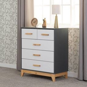 Cleveland 3+2 Drawer Chest in White and Pine with Grey Metal Effect