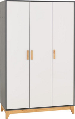Cleveland 3 Door Wardrobe in White and Pine with Grey Metal Effect