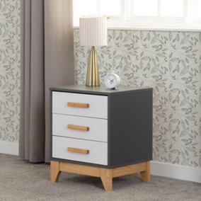 Cleveland 3 Drawer Bedside in White and Pine with Grey Metal Effect