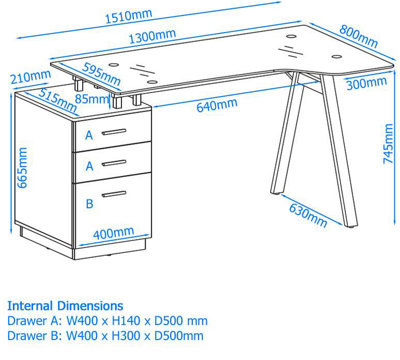 Cleveland Desk with glass top-plate and 3 drawers in grey