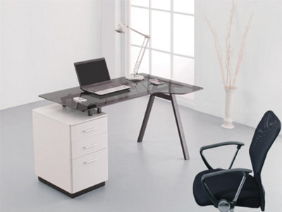 Cleveland Desk with glass top-plate and 3 drawers in grey