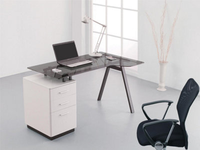Cleveland desk with glass top-plate and 3 drawers in grey