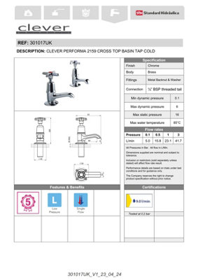 Clever Performa 2159 Cross Top Basin Tap Cold - Chrome-Plated Brass Bathroom Tap - Durable Compression Valve Fitting