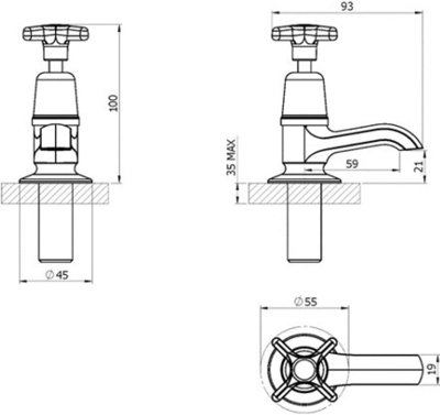 Clever Performa 2159 Cross Top Basin Tap Hot ONLY - Chrome-Plated Brass Bathroom Tap - Durable Compression Valve Fitting
