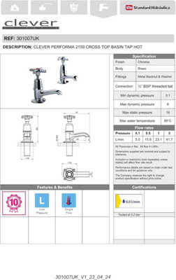 Clever Performa 2159 Cross Top Basin Tap Hot ONLY - Chrome-Plated Brass Bathroom Tap - Durable Compression Valve Fitting