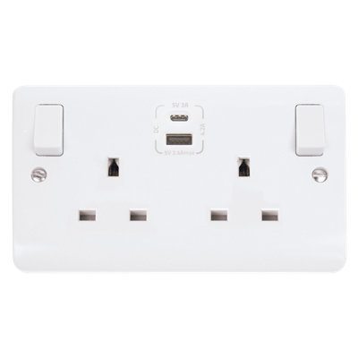 Click Scolmore Double Switched Socket Dual USB A/C 13A 2 Gang White - CMA786