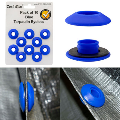 clip on replacement eyelets for tarpaulins and other sheeting in blue