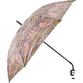 Clip on William Morris Parasol Umbrella with Universal Screw Clamp for Garden Chair or Lounger - Strawberry Thief Design