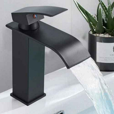 Cloakroom basin mixer tap, black finish brass waterfall single lever, short