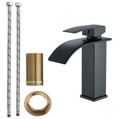 Cloakroom basin mixer tap, black finish brass waterfall single lever, short
