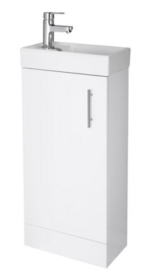 Cloakroom Floor Standing 1 Door Vanity Unit with Basin, 400mm - Gloss White
