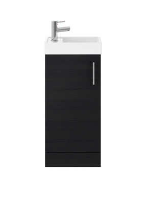 Cloakroom Floor Standing 1 Door Vanity Unit with Basin, 400mm - Woodgrain Charcoal Black