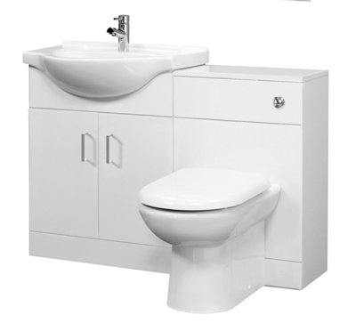 Cloakroom Furniture Pack - Cabinet, Round Basin, WC Unit, Concealed Cistern, Back to Wall Pan and Soft Close Seat - Gloss White
