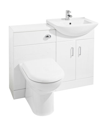 Cloakroom Furniture Pack - Cabinet, Square Basin, WC Unit, Concealed Cistern, Back to Wall Pan and Soft Close Seat - Gloss White