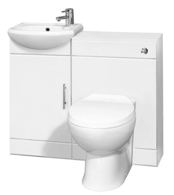 Cloakroom Furniture Pack - Includes Cabinet, Basin, WC Unit, Cistern, Back to Wall Pan, Soft Close Seat, Tap & Waste - Gloss White
