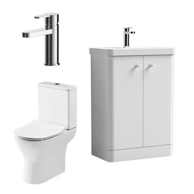 Cloakroom Suite - Floor Standing 600mm Vanity, Toilet and Tap Set - Gloss White