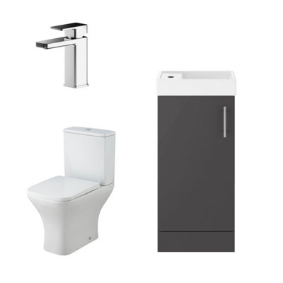 Cloakroom Suite - Floor Standing Vanity Basin Unit, Tap, and Toilet - Gloss Grey Price Comparisons | Compare The Build
