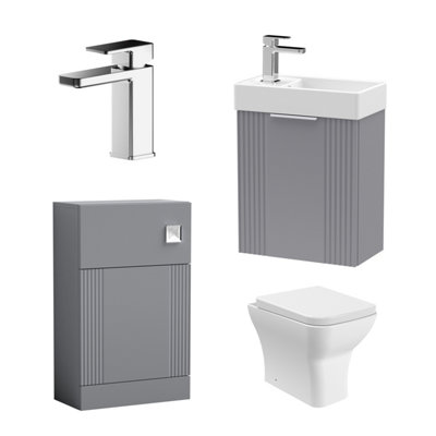 Cloakroom Suite - Fluted Wall Hung Vanity, WC, Toilet and Tap - Grey/Chrome