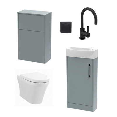 Cloakroom Suite - Left Hand 440mm Vanity, WC Unit, Toilet and Tap - Grey/Black