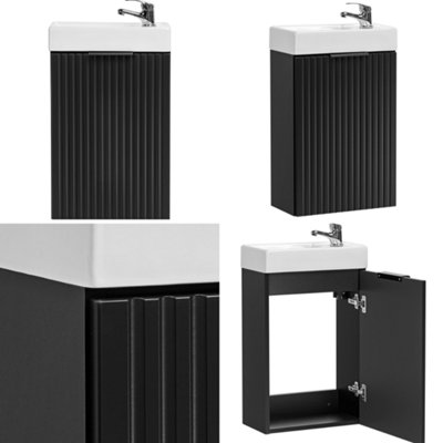 Cloakroom Vanity Unit with Basin 400mm Ribbed Fluted Black Modern Small ...