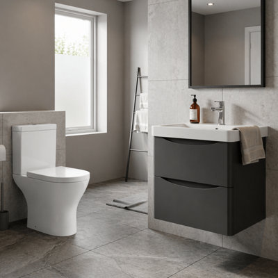 Close Coupled Toilet & Wall Hung Bathroom Vanity Unit Basin Set Anthracite