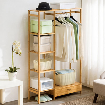 Clothes Rack Cabinet with Hooks Shelves and Drawer Natural DIY at B Q