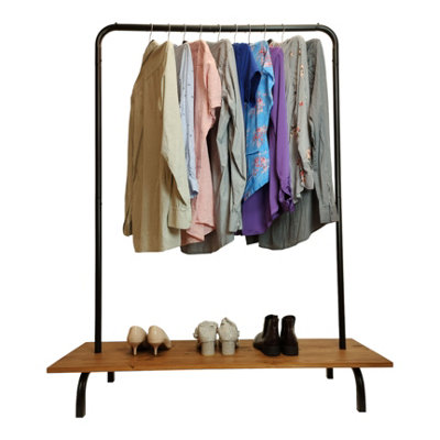 Clothes Rack Free Standing Black Frame with Handmade Medium Oak Shelf - 4