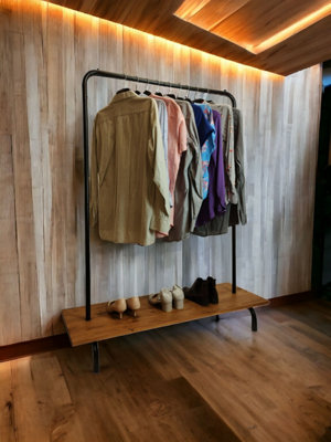 Clothes Rack Free Standing Black Frame with Handmade Medium Oak Shelf