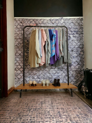 Clothes Rack Free Standing Black Frame with Handmade Medium Oak Shelf - 6