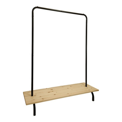 Clothes Rack Free Standing Black Frame with Handmade Natural Wood Shelf