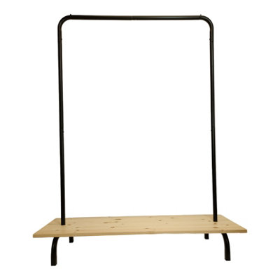 Clothes Rack Free Standing Black Frame with Handmade Natural Wood Shelf - 3