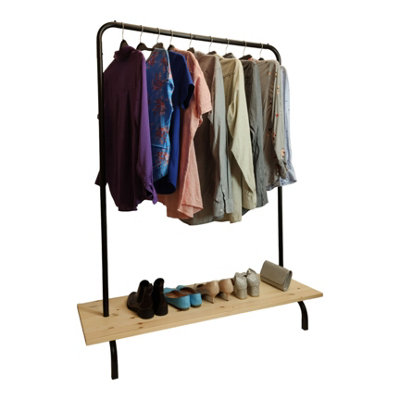 Clothes Rack Free Standing Black Frame with Handmade Natural Wood Shelf - 4