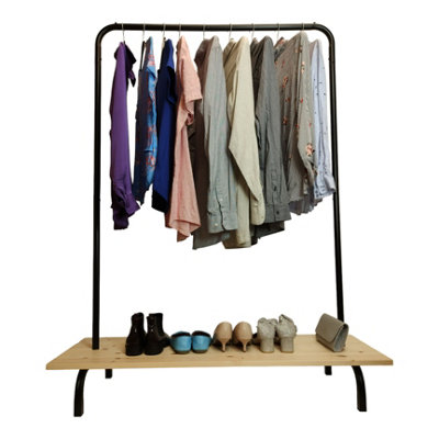 Clothes Rack Free Standing Black Frame with Handmade Natural Wood Shelf - 5