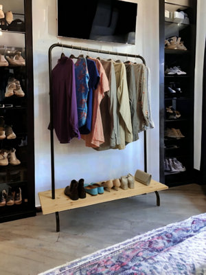 Clothes Rack Free Standing Black Frame with Handmade Natural Wood Shelf - 6