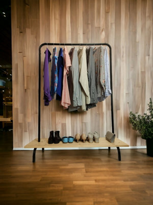 Clothes Rack Free Standing Black Frame with Handmade Natural Wood Shelf - 7