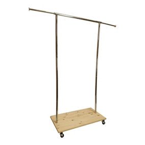 Clothes Rack Free Standing Chrome Extendable Frame with Handmade Natural Wood Shelf