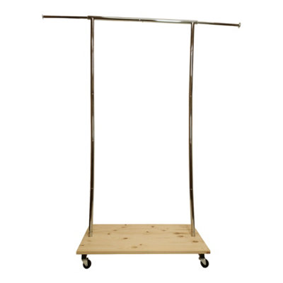 Clothes Rack Free Standing Chrome Extendable Frame with Handmade Natural Wood Shelf