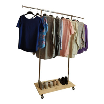 Clothes Rack Free Standing Chrome Extendable Frame with Handmade Natural Wood Shelf - 3