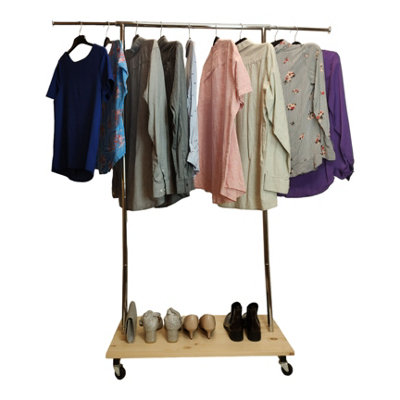 Clothes Rack Free Standing Chrome Extendable Frame with Handmade Natural Wood Shelf - 4