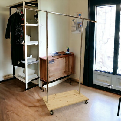 Clothes Rack Free Standing Chrome Extendable Frame with Handmade Natural Wood Shelf - 5