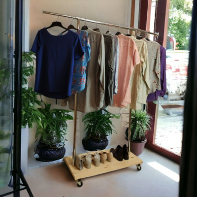 Clothes Rack Free Standing Chrome Extendable Frame with Handmade Natural Wood Shelf - 7
