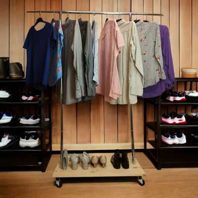 Clothes Rack Free Standing Chrome Extendable Frame with Handmade Natural Wood Shelf - 8